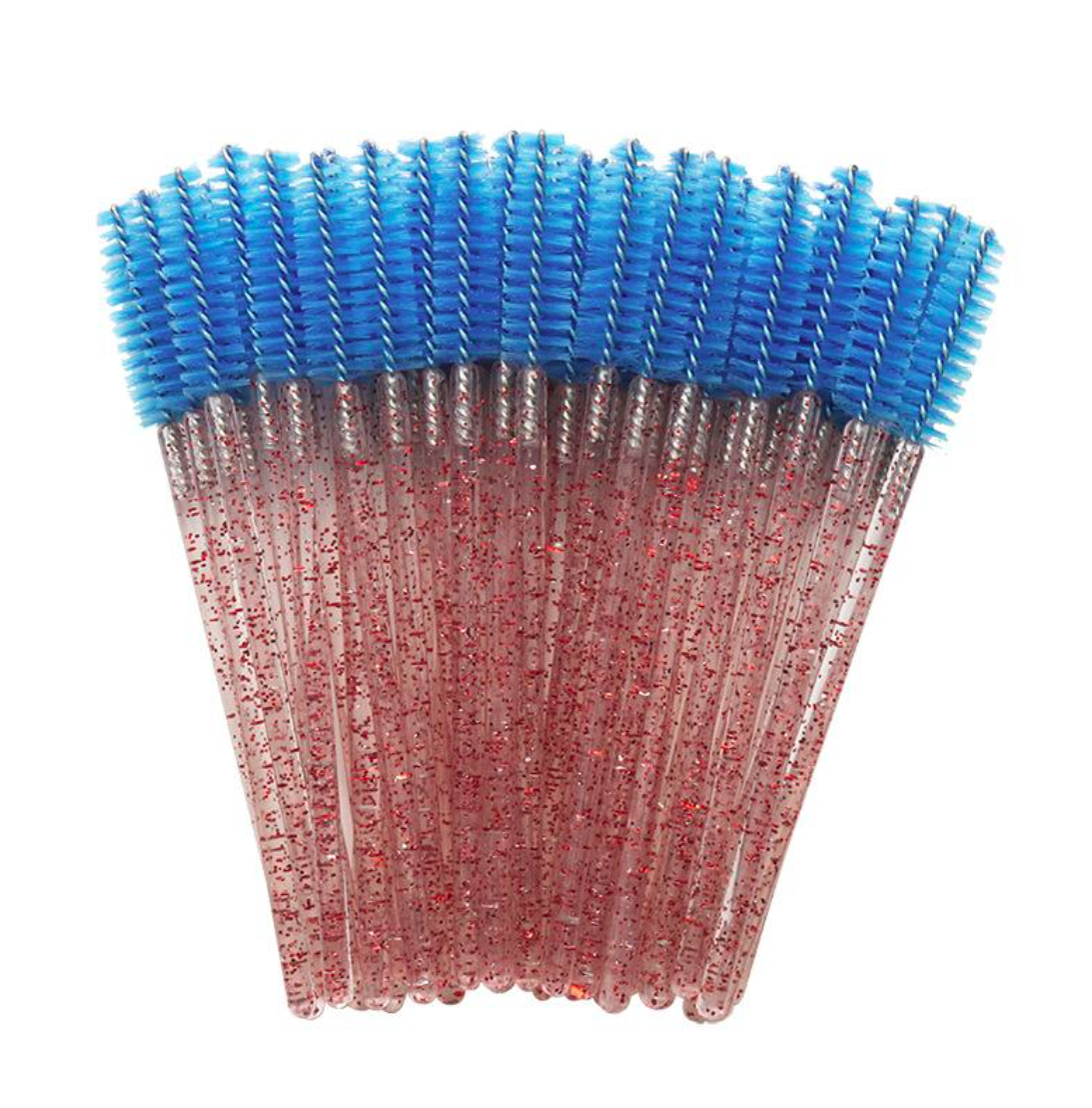 Bürstchen für Wimpern und Augenbrauen, glitzernder rosa Griff, Borstenfarbe Blau, 50 Stück pro Packung